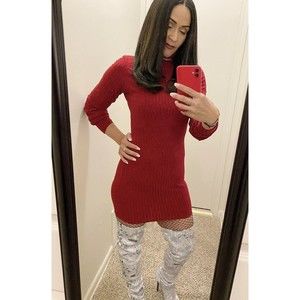 Short Red Sexy-Long Sleeve-Thin Knit-Turtleneck-Sweater Dress-Size Small-Used